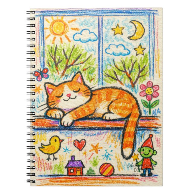 Cuaderno Cozy Orange Cat on Windowsill Whimsical Crayon Art (Frente)
