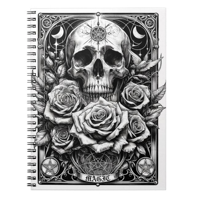 Cuaderno Cráneo de esqueleto de pentáculo y rosas arte de t (Frente)