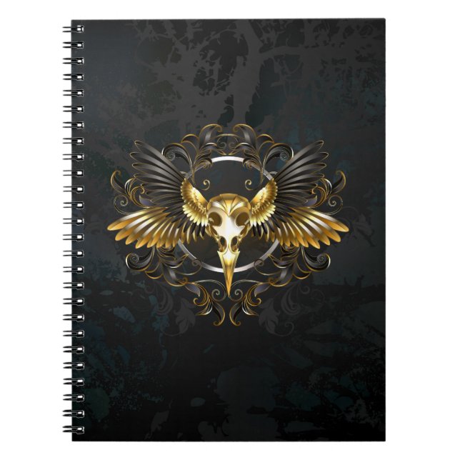 Cuaderno Cráneo de pájaro dorado sobre fondo negro (Frente)
