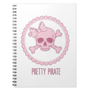 Cuaderno Cráneo rosa pastel lindo con lazo y huesos cruzado