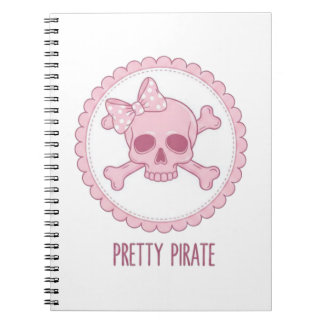 Cuaderno Cráneo rosa pastel lindo con lazo y huesos cruzado