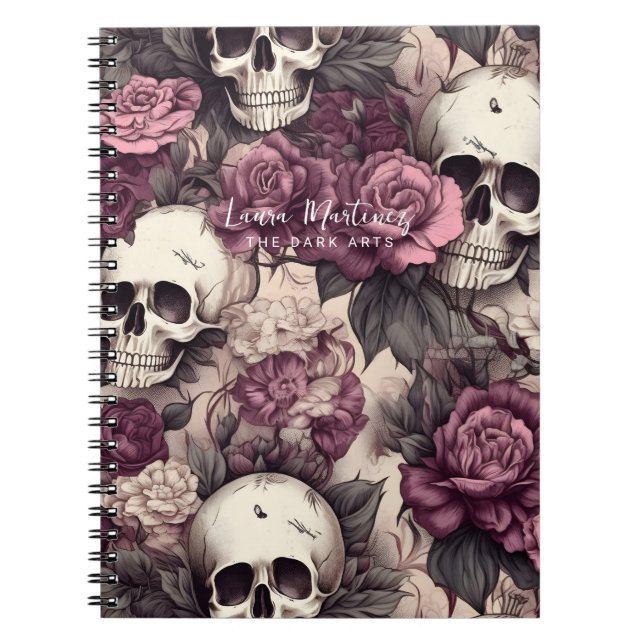 Cuaderno Cránulos góticos negros Botánicos de flores rosada (Frente)