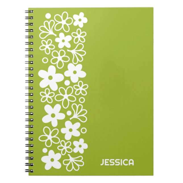 Cuaderno Crazy Daisy Pattern en verde primavera con nombre (Frente)