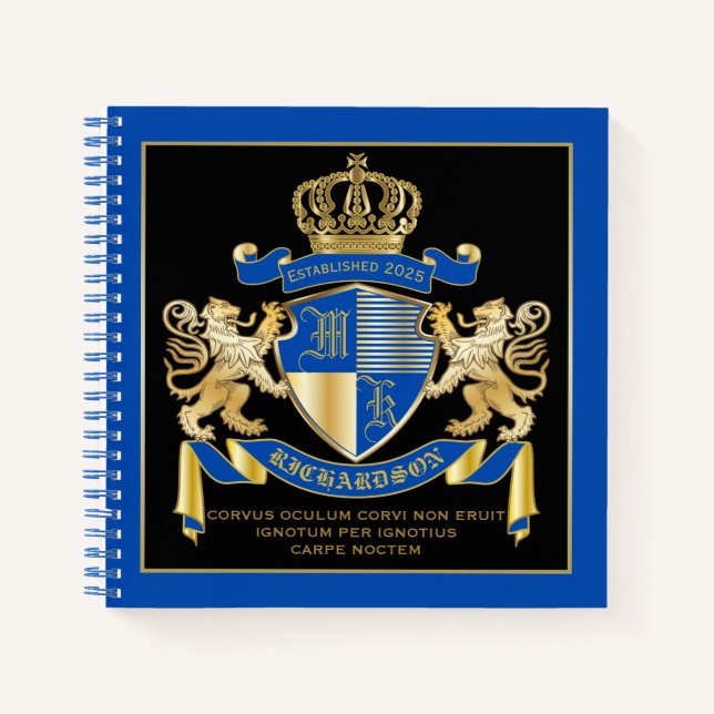 Cuaderno Crea tu propio escudo de armas azul de oro blema d (Anverso)