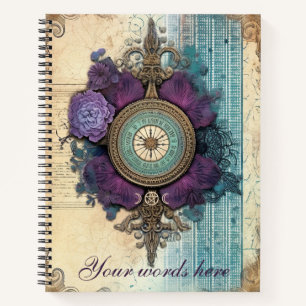 Cuaderno Crea tu propio floral azul púrpura manchado de té