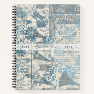 Cuaderno Crea tu propio papel de periódico floral azul vint