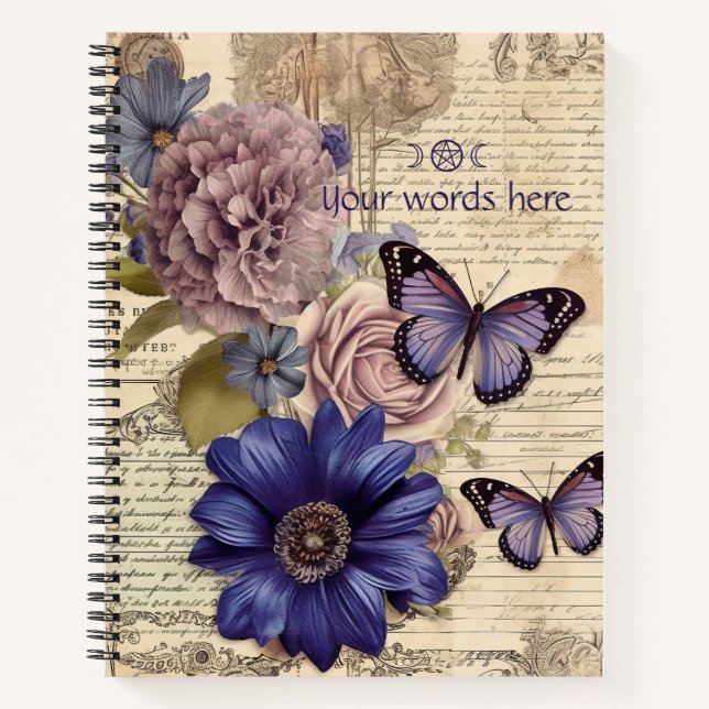 Cuaderno Crea tus propias flores moradas rosadas mariposas (Anverso)
