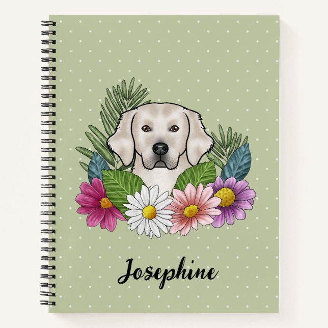 Cuaderno Cream Golden Retriever Colorful Flowers And Name (Anverso)