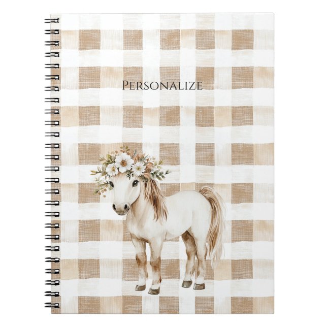 Cuaderno Cream White Plaid Stripes Floral Horse (Frente)