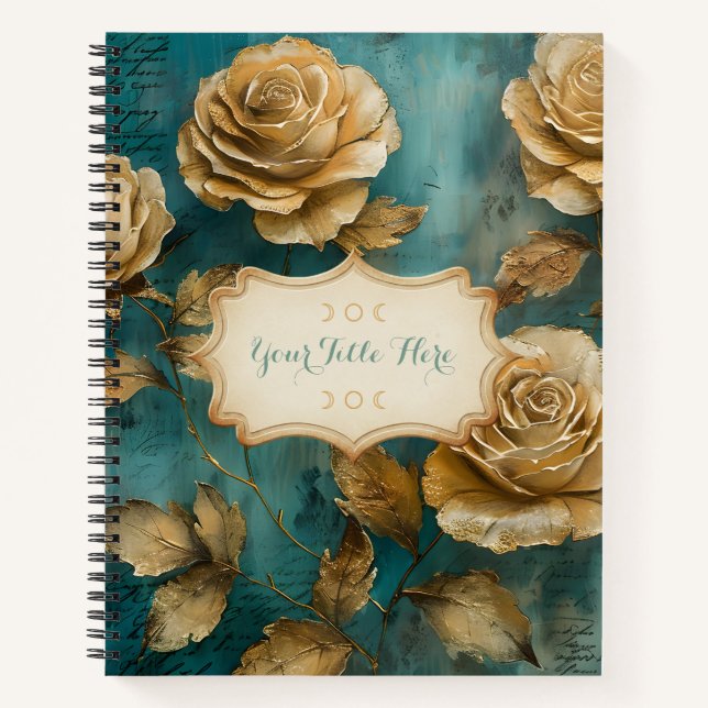 Cuaderno Create Your Own Teal & Gold Roses Floral (Anverso)