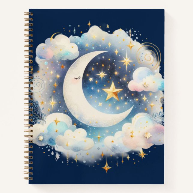 Cuaderno Creciente Luna Celeste Boho Moderno Azul y Blanco (Anverso)