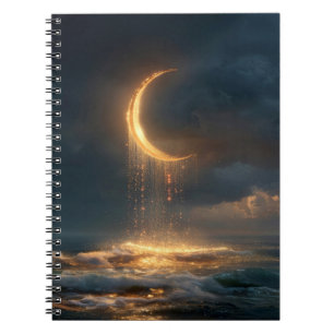 Cuaderno Creciente Luna Dorada Surrealista Sobre el Océano