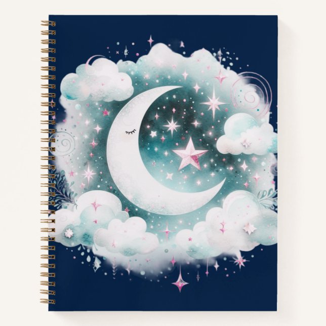 Cuaderno Creciente Lunar Celeste Azul y Blanco Boho Moderno (Anverso)