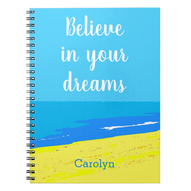 Cuaderno Cree en sus sueños, playa tropical, su nombre (Frente)