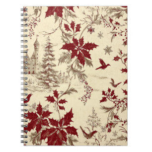 Cuaderno Crema Antiguo Burgundy Invierno Pájaros Acebo Flor