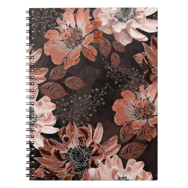 Cuaderno Crema, flores terracota sobre fondo marrón oscuro (Frente)