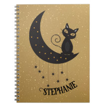 Crescent Moon Y Black Cat Gold Notebook