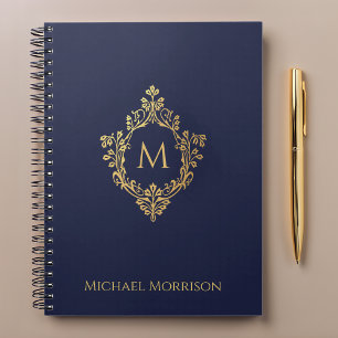 Cuaderno Crest Monograma Azul Marino Falso Oro Nombre Elega
