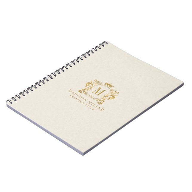 Cuaderno Crestón Monograma Corona Real Dorada Lino Beige (Lado Izquierdo)