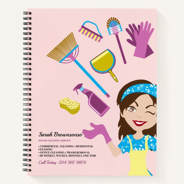 Cuaderno Criada De Dibujos Animados De Limpieza Morado Rosa (Anverso)