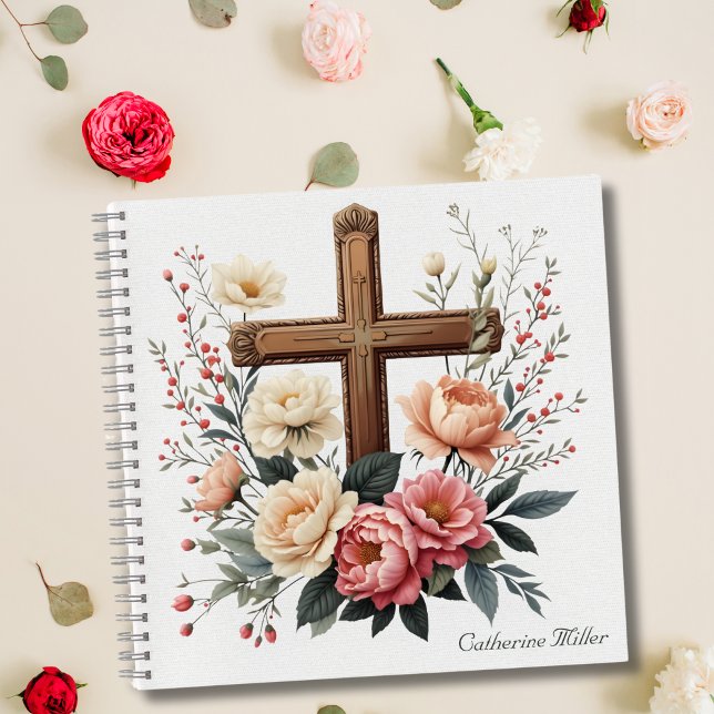 Cuaderno cristiano con diseño de cruz floral (Elegant Floral Catholic Cross Personalized Notebook)