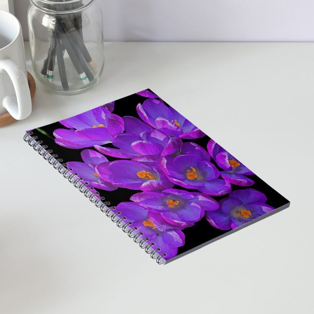 Cuaderno Crocus primaverales morados sobre Floral negro (In Situ)