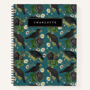 Cuaderno Crows de gótico y Rosas negros Patrón Verde azulad