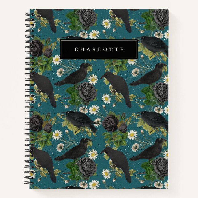 Cuaderno Crows de gótico y Rosas negros Patrón Verde azulad (Anverso)
