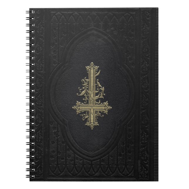 Cuaderno Cruz de oro invertida gótica negro cuero falso neg (Frente)