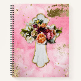 Cuaderno Cruz floral sobre acuarela rosa