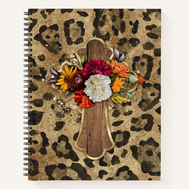 Cuaderno Cruz floral sobre la impresión de leopardo (Anverso)