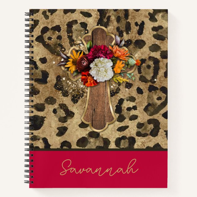 Cuaderno Cruz floral sobre la impresión de leopardo (Anverso)