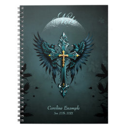 Cuaderno Cruz gótica con elementos decorativos y aves.