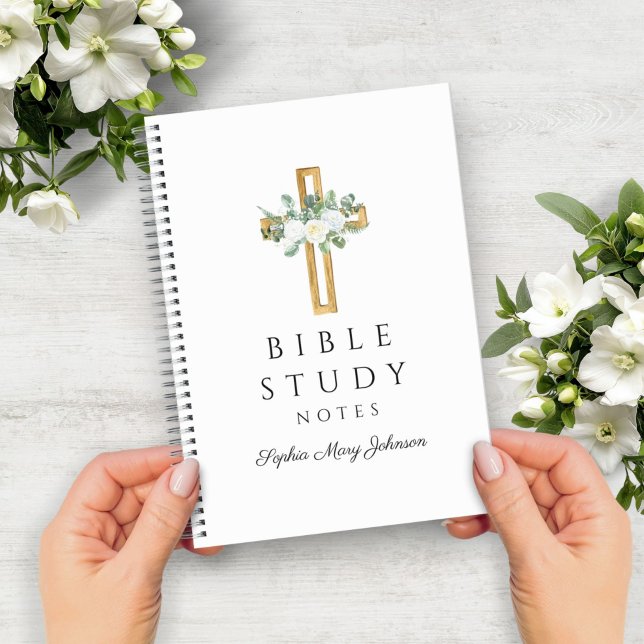 Cuaderno Cruz religiosa floral blanca personalizada (Personalized White Floral Religious Cross Notebook)