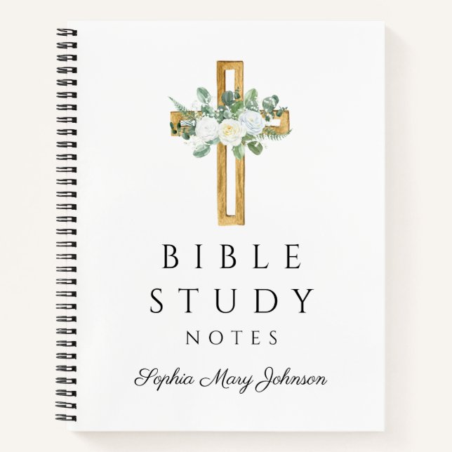 Cuaderno Cruz religiosa floral blanca personalizada (Anverso)
