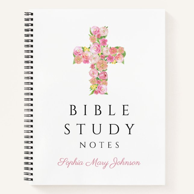 Cuaderno Cruz religiosa floral rosa personalizada (Anverso)