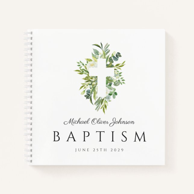 Cuaderno Cruz Religiosa Verde Botánica Bautizo Invitado (Anverso)