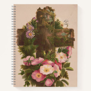 Cuaderno Cruz rústica antigua, rosas silvestres, tarjeta de