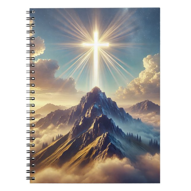 Cuaderno Cruz Santa Celestial en Majestuosas Montañas (Frente)
