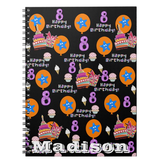 Cuaderno Cuaderno, #8 Feliz cumpleaños #8 Notas Negro (Frente)