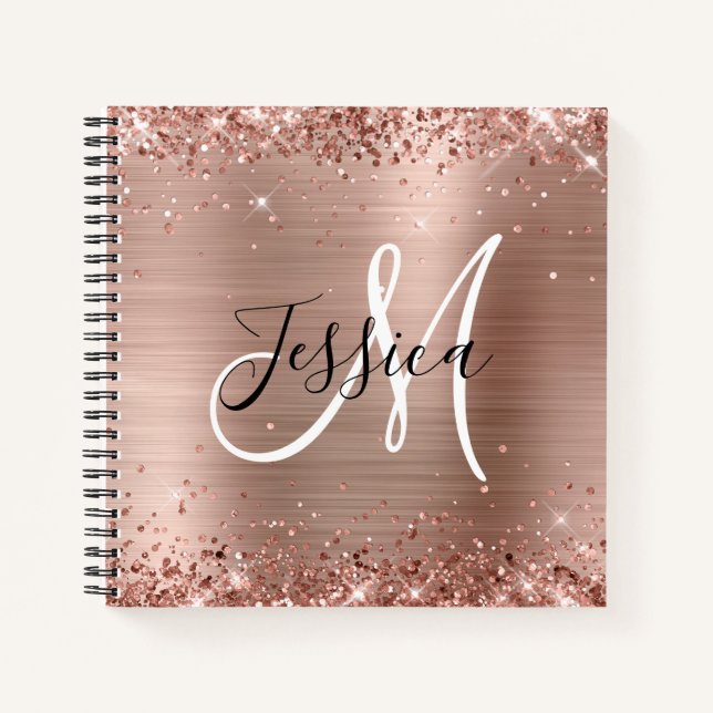 Cuaderno Cuadrado de Monograma de Papel de Oro Rosa Brillan (Anverso)
