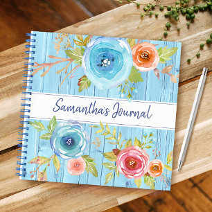 Cuaderno Cuadrado floral de madera rústica azul personaliza