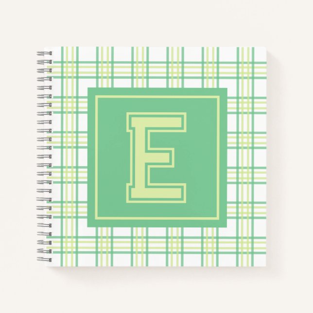 Cuaderno Cuadrícula de Plaid Preppy con Monograma Verde Lim (Anverso)