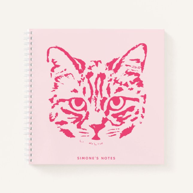 Cuaderno Cuadros Tabby Cat Face rosa y rojo (Anverso)