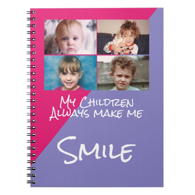 Cuaderno Cuatro fotos niños me hacen sonreír morado rosado (Frente)