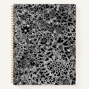 Cuaderno Cubierta dura de encaje floral en blanco y negro e