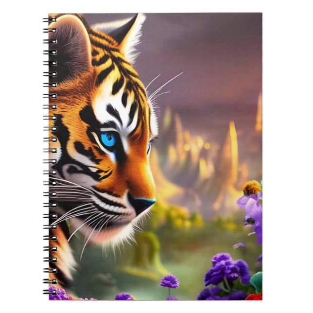 Cuaderno Cubo de tigres, flores moradas (Frente)