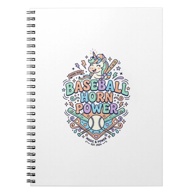 Cuaderno Cuerno de béisbol de unicornio Poder Kawaii Diseño (Frente)