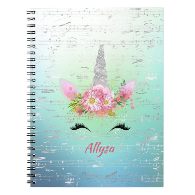 Cuaderno Cuerno musical unicornio y pestañas florales (Frente)