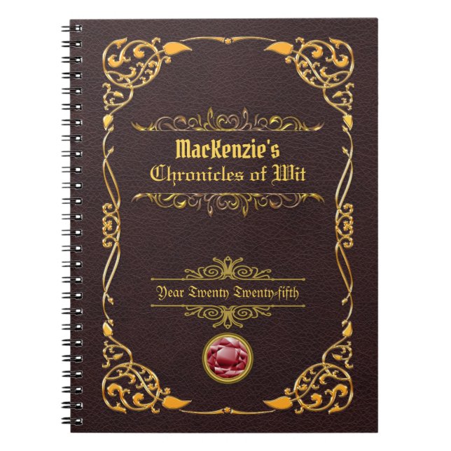 Cuaderno Cuero clásico de Brown del ornamento del oro de la (Frente)